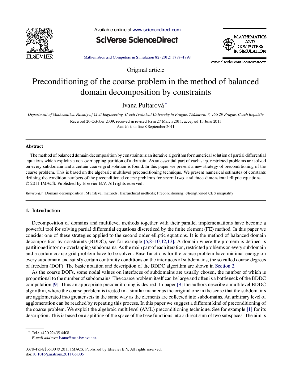 Preconditioning of the coarse problem in the method of balanced domain decomposition by constraints