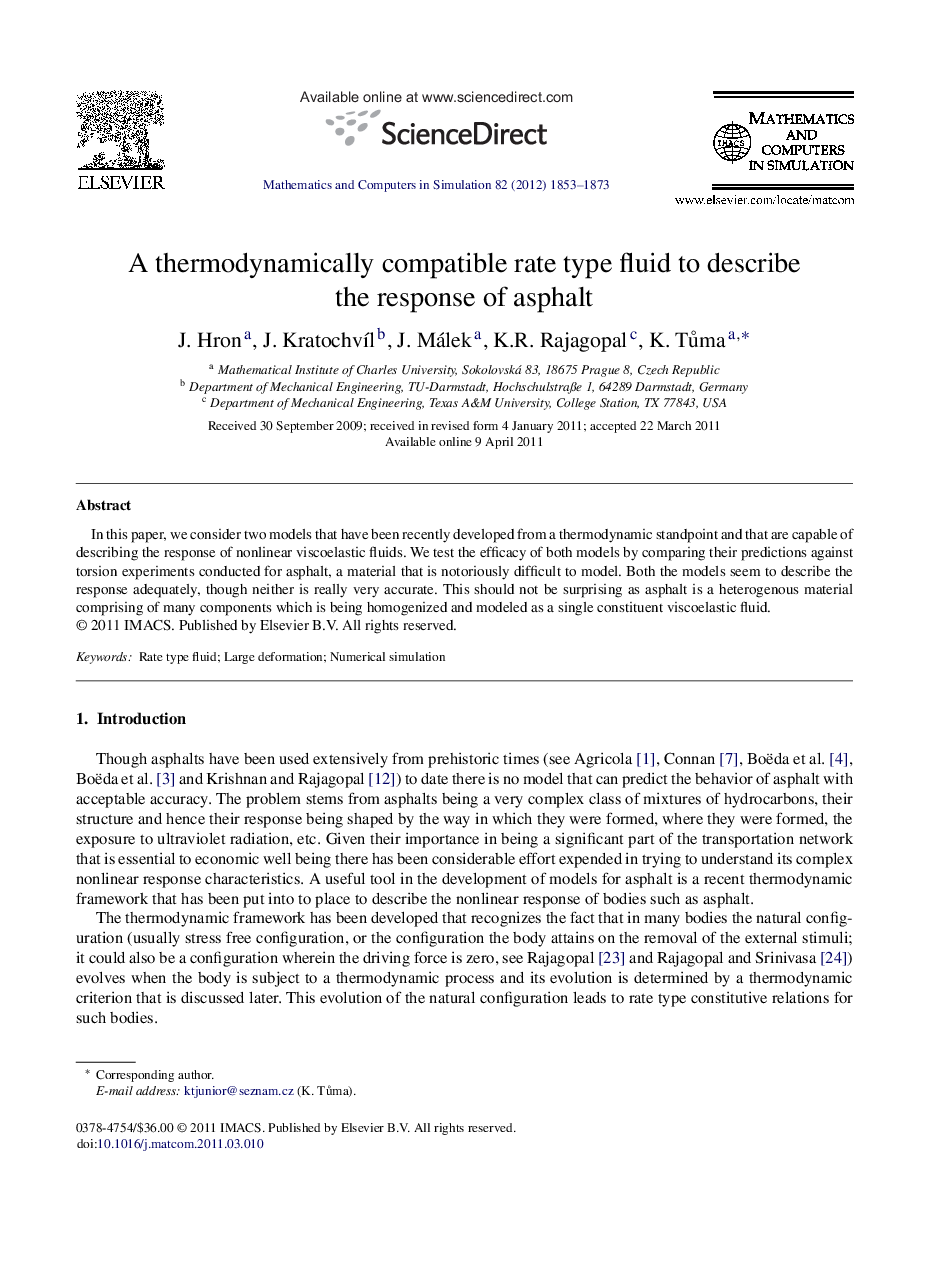 A thermodynamically compatible rate type fluid to describe the response of asphalt