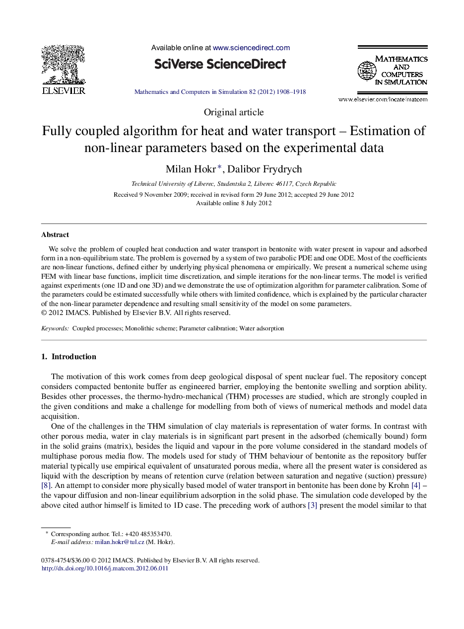 Fully coupled algorithm for heat and water transport – Estimation of non-linear parameters based on the experimental data