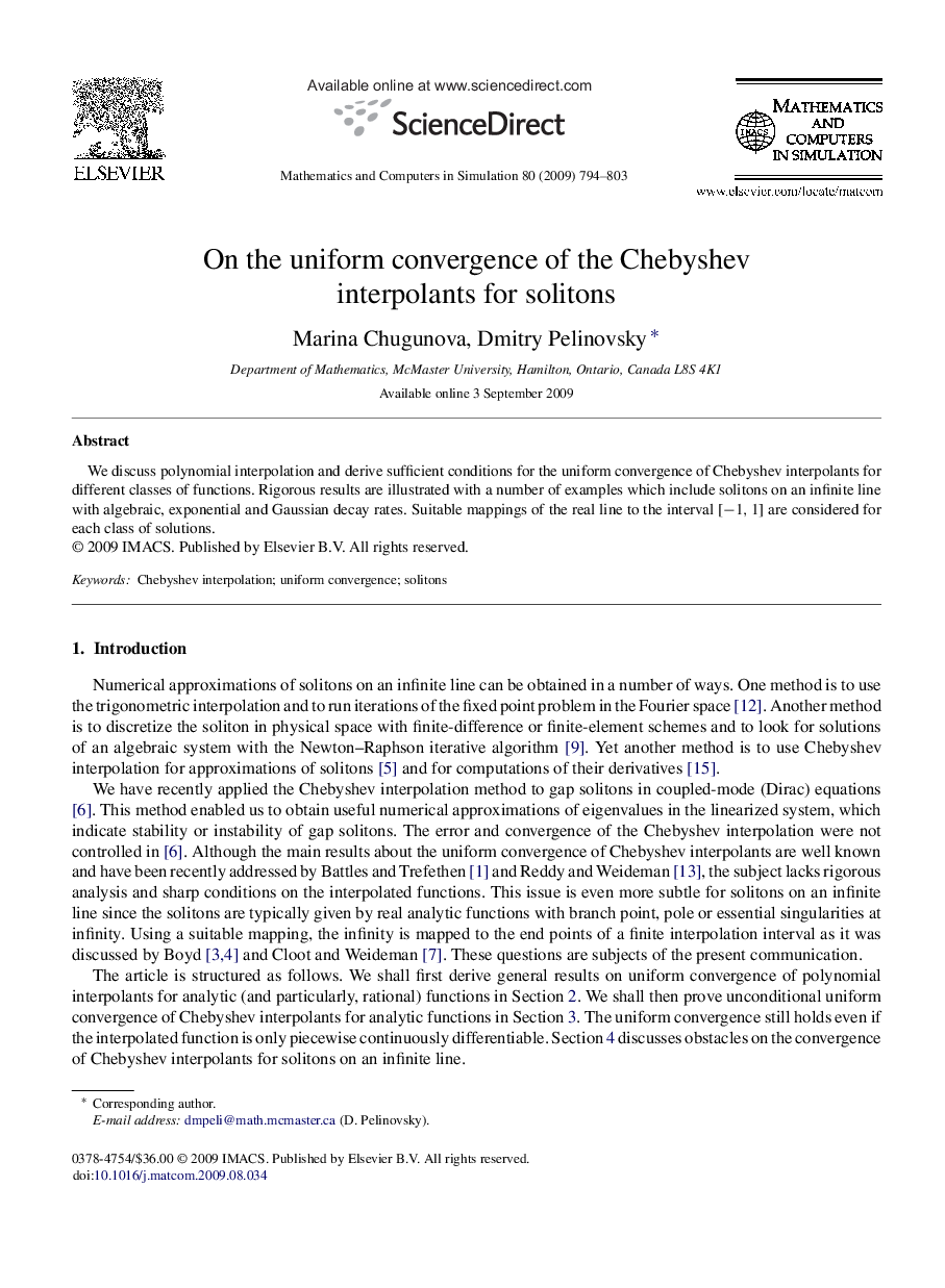 On the uniform convergence of the Chebyshev interpolants for solitons