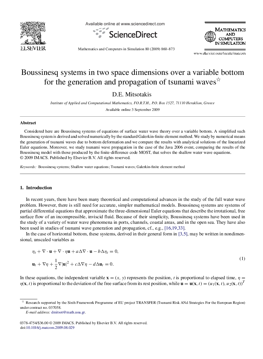 Boussinesq systems in two space dimensions over a variable bottom for the generation and propagation of tsunami waves 