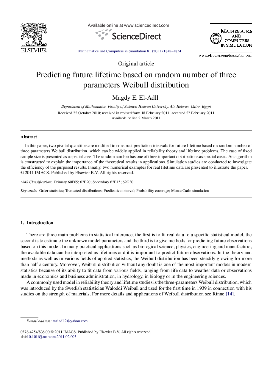 Predicting future lifetime based on random number of three parameters Weibull distribution