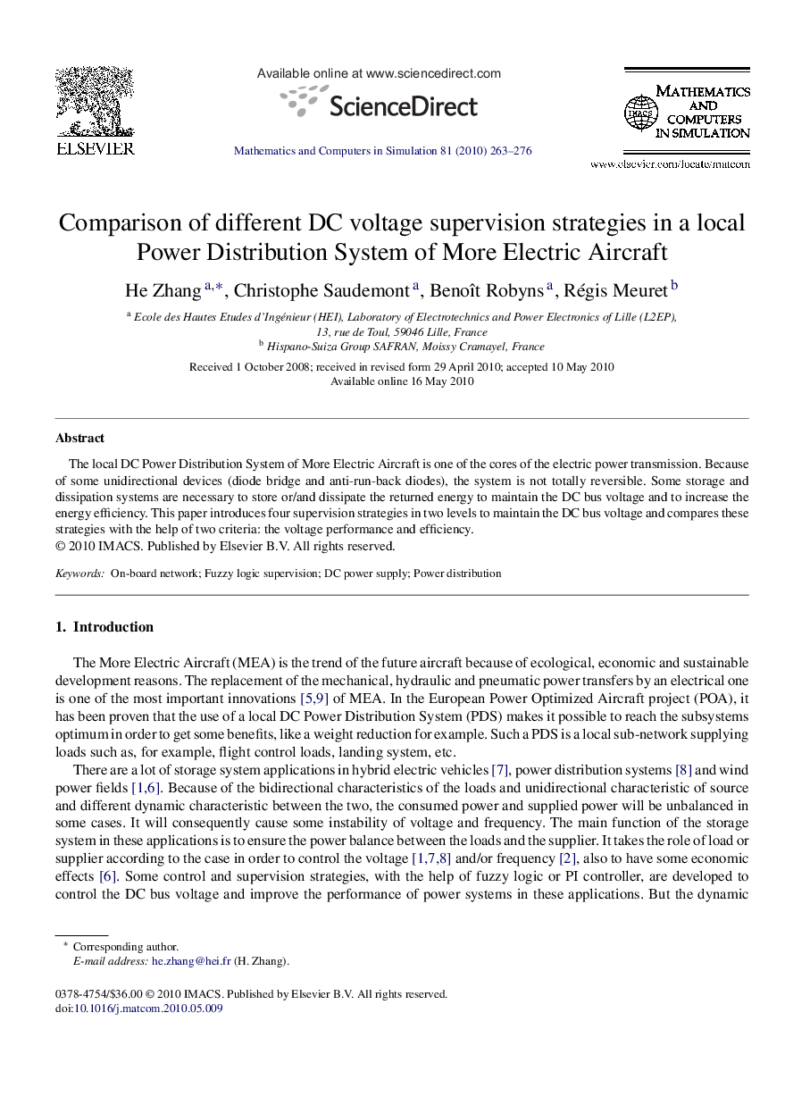 Comparison of different DC voltage supervision strategies in a local Power Distribution System of More Electric Aircraft