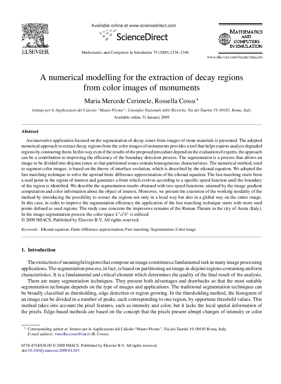 A numerical modelling for the extraction of decay regions from color images of monuments