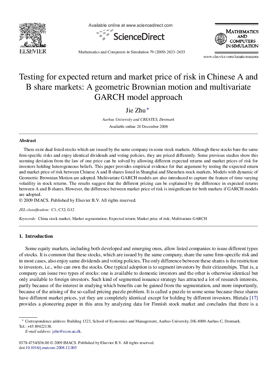 Testing for expected return and market price of risk in Chinese A and B share markets: A geometric Brownian motion and multivariate GARCH model approach