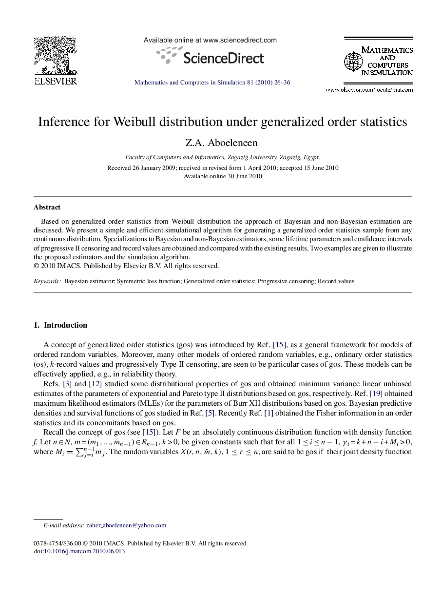 Inference for Weibull distribution under generalized order statistics