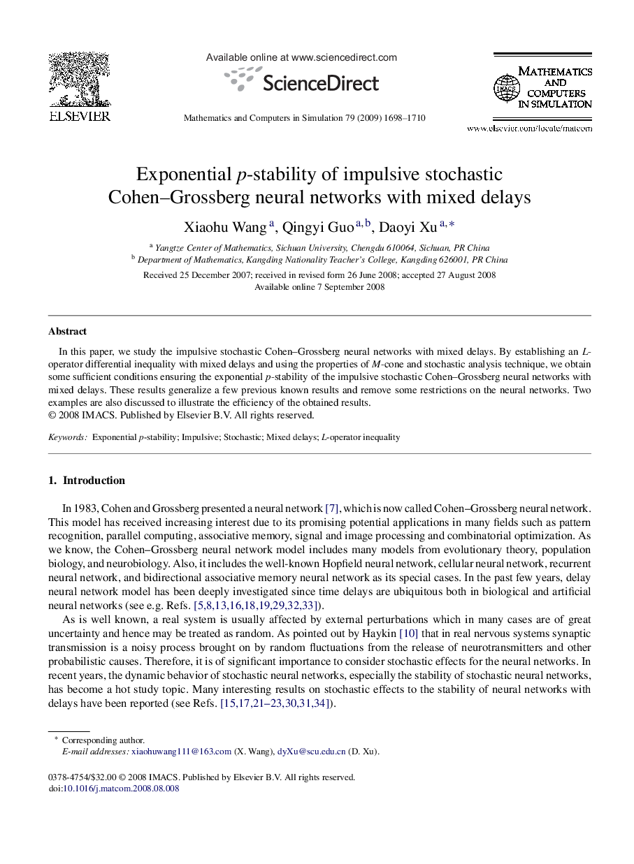 Exponential p-stability of impulsive stochastic Cohen–Grossberg neural networks with mixed delays