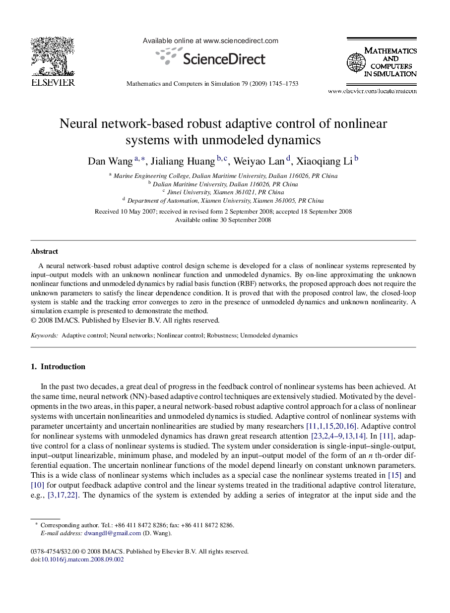 Neural network-based robust adaptive control of nonlinear systems with unmodeled dynamics