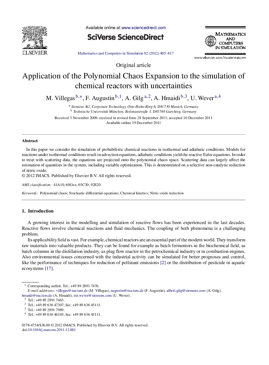 Application of the Polynomial Chaos Expansion to the simulation of chemical reactors with uncertainties