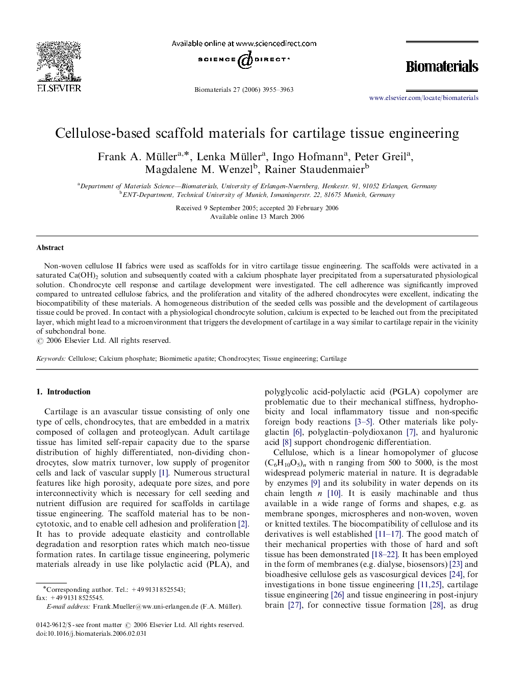 Cellulose-based scaffold materials for cartilage tissue engineering