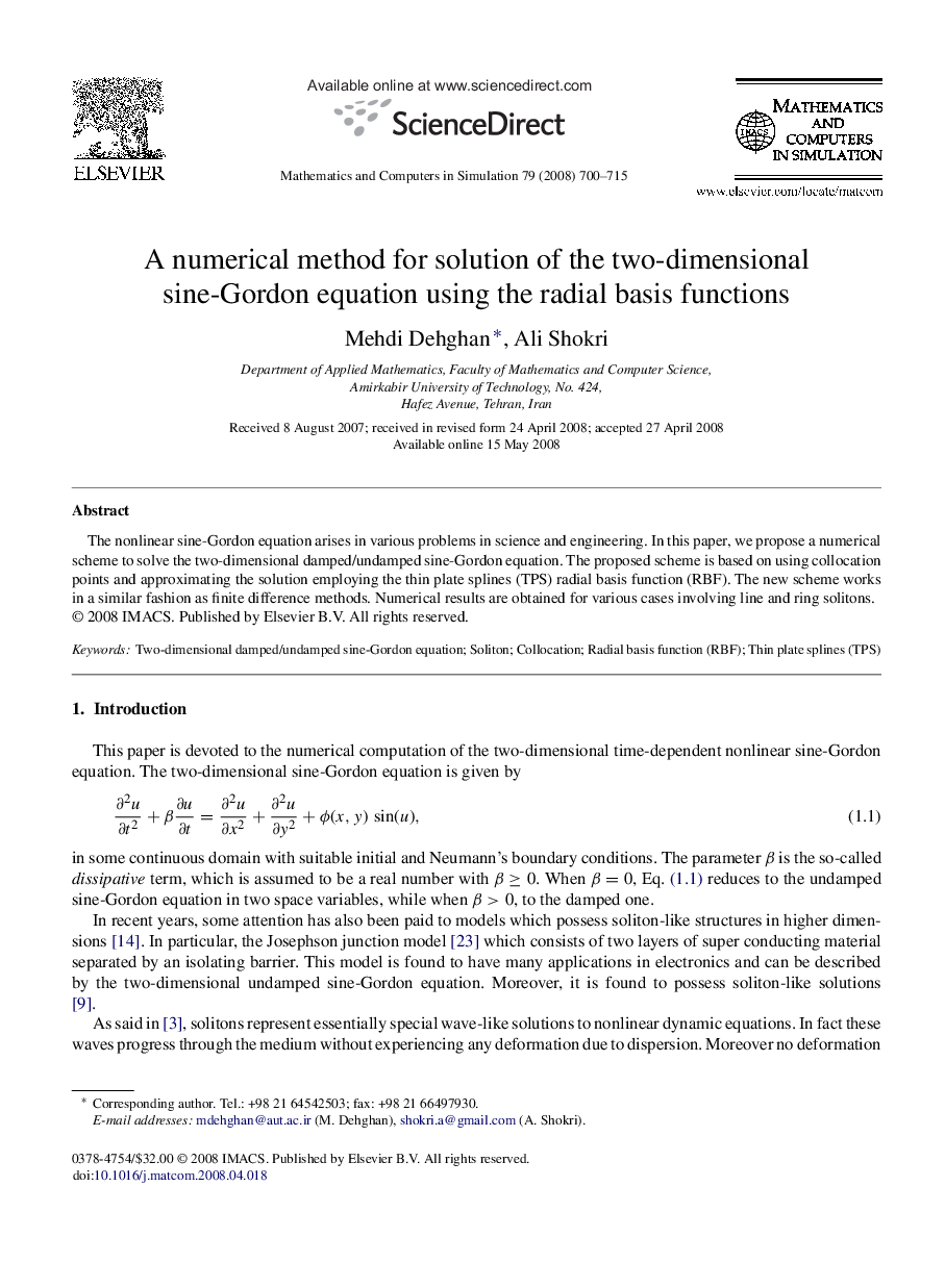 A numerical method for solution of the two-dimensional sine-Gordon equation using the radial basis functions