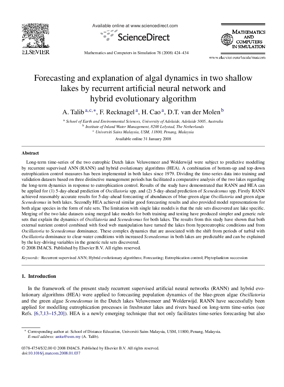 Forecasting and explanation of algal dynamics in two shallow lakes by recurrent artificial neural network and hybrid evolutionary algorithm