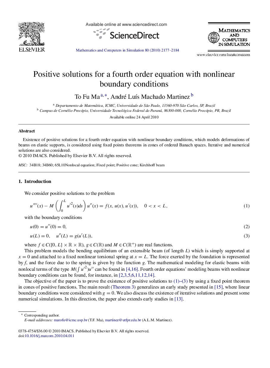 Positive solutions for a fourth order equation with nonlinear boundary conditions