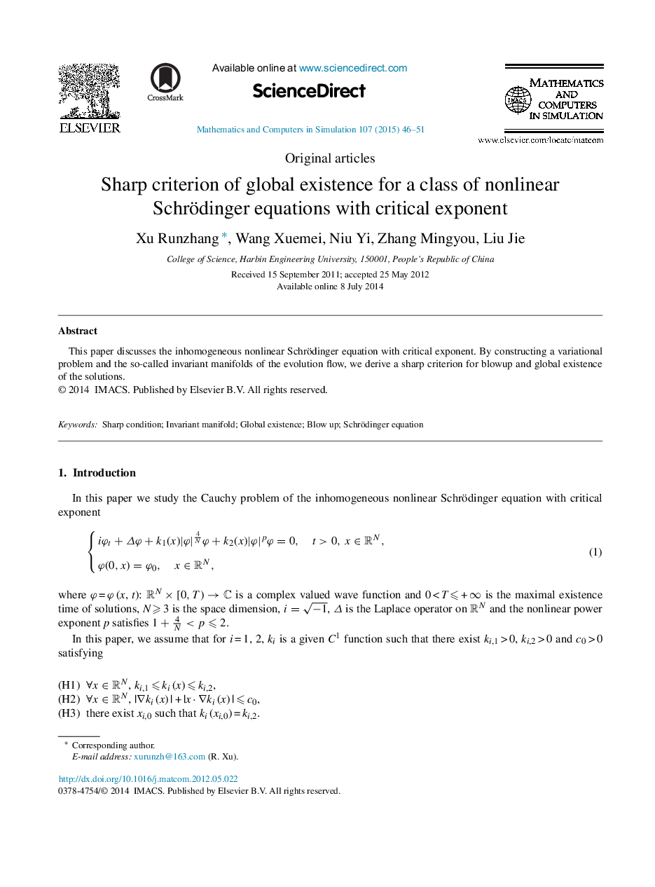 عکس صفحه اول مقاله: Sharp criterion of global existence for a class of nonlinear Schrödinger equations with critical exponent Sharp criterion of global existence for a class of nonlinear Schrödinger equations with critical exponent