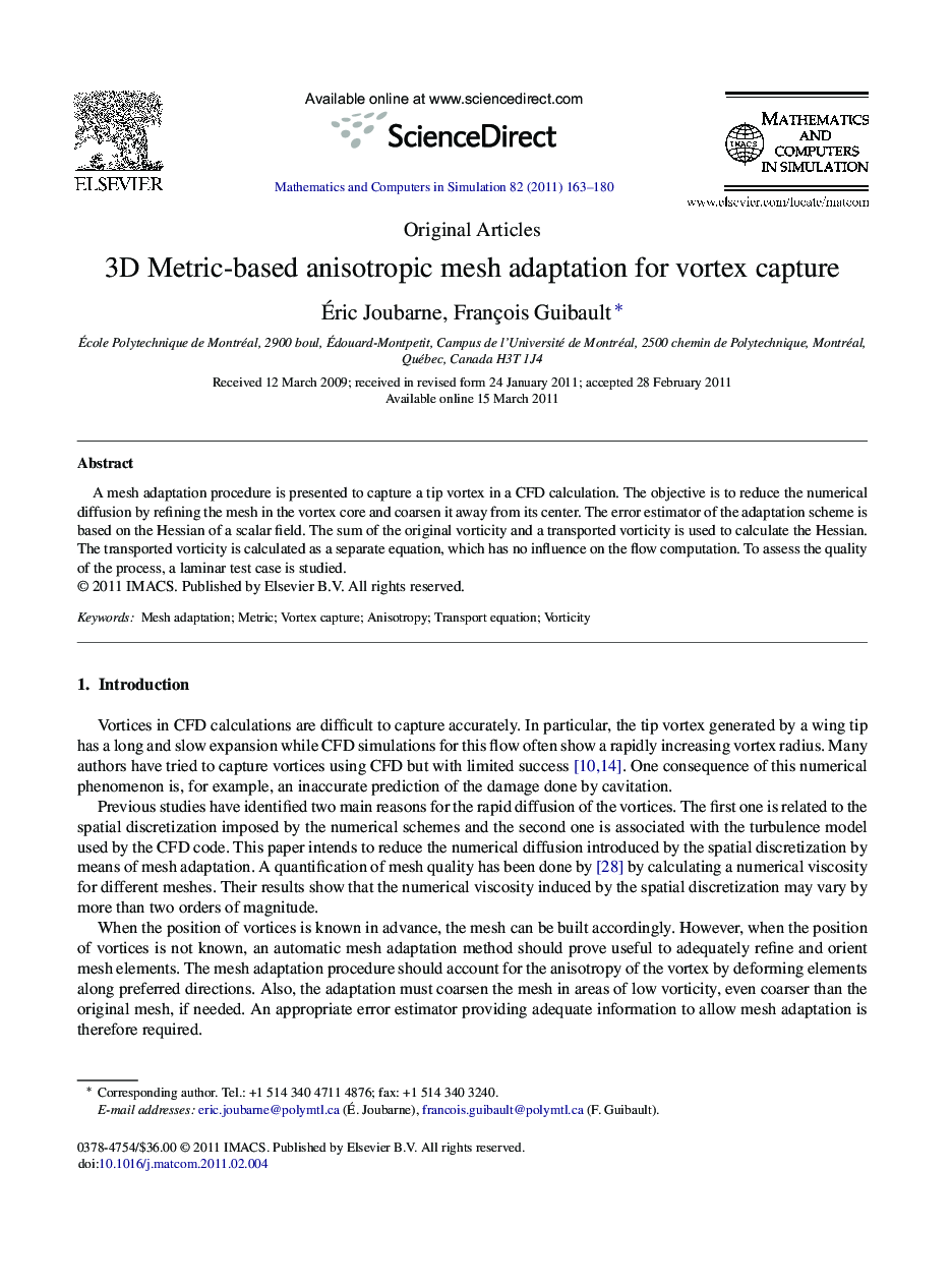 3D Metric-based anisotropic mesh adaptation for vortex capture