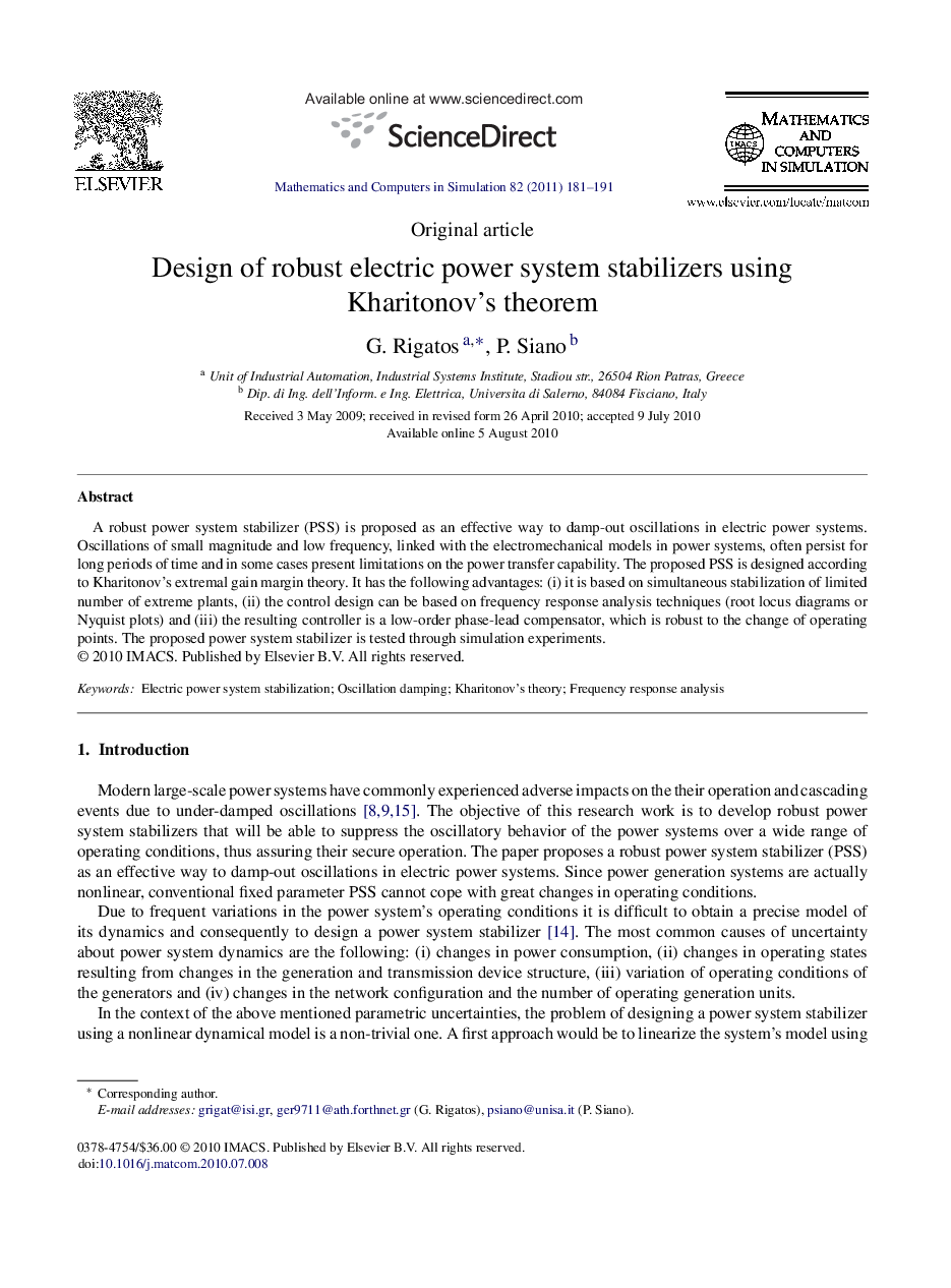 Design of robust electric power system stabilizers using Kharitonov’s theorem