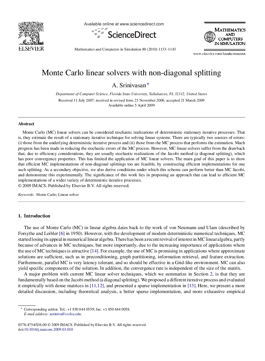 Monte Carlo linear solvers with non-diagonal splitting