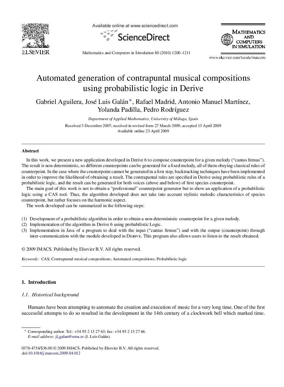 Automated generation of contrapuntal musical compositions using probabilistic logic in Derive