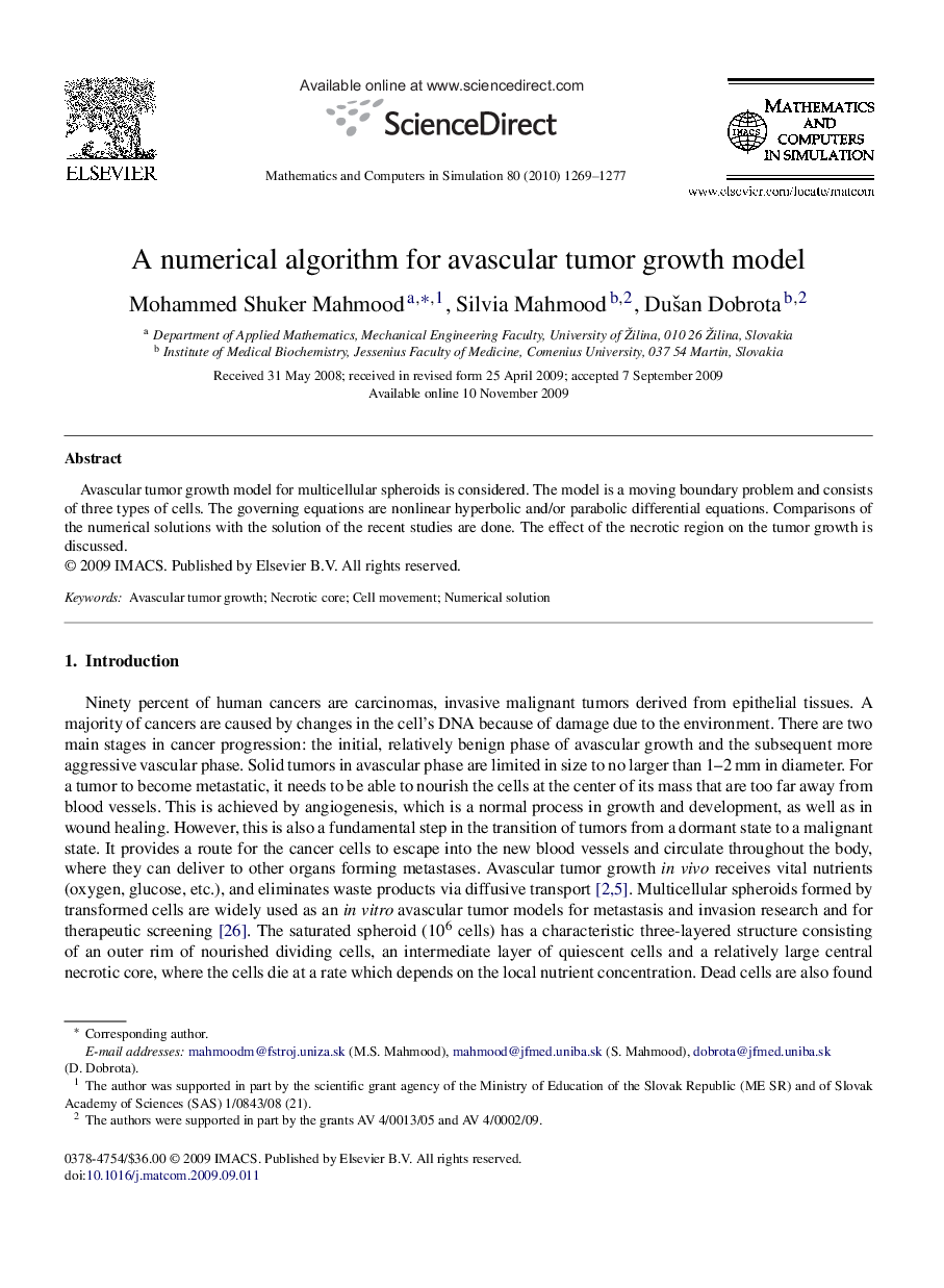 A numerical algorithm for avascular tumor growth model