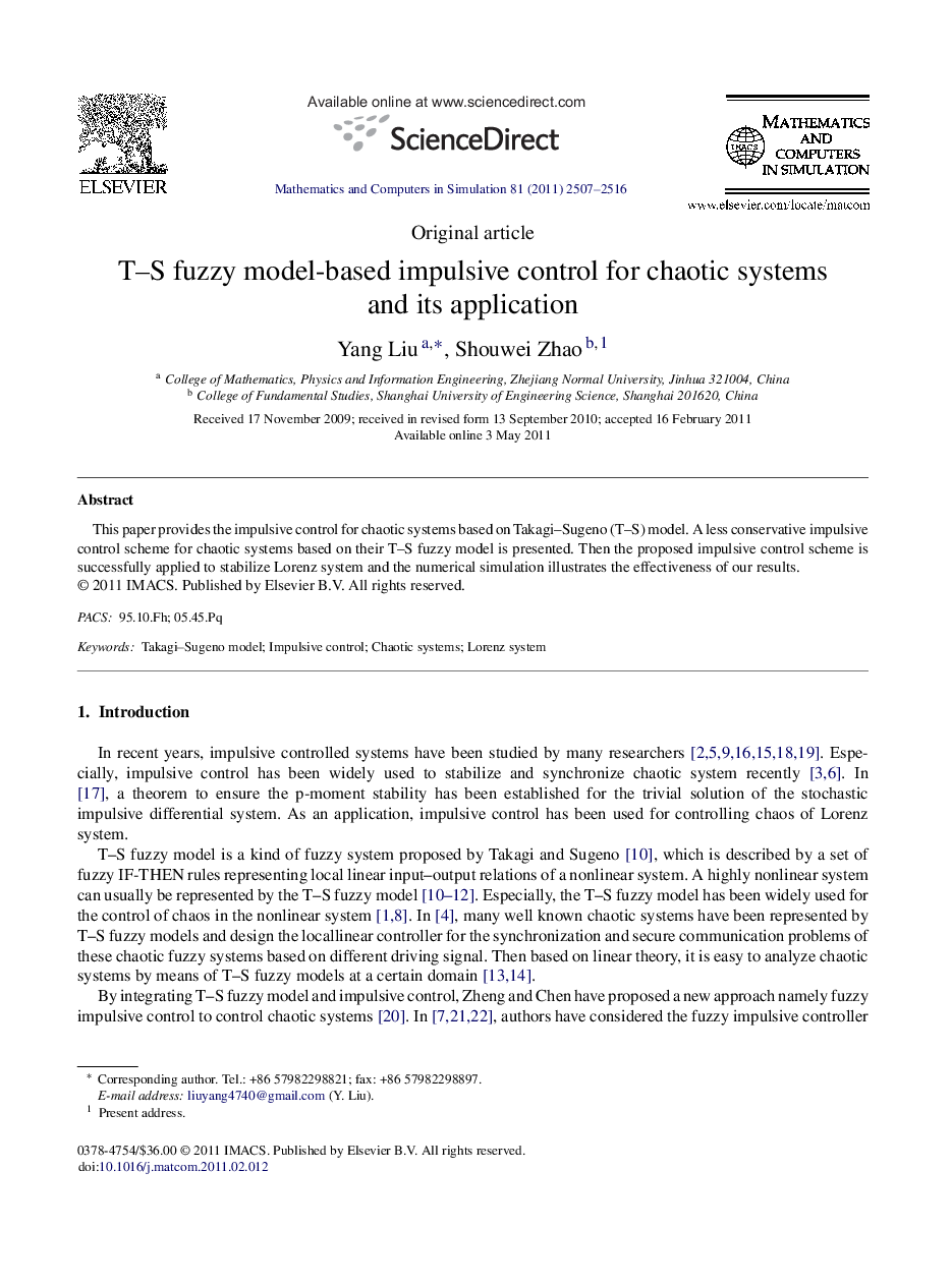 T–S fuzzy model-based impulsive control for chaotic systems and its application