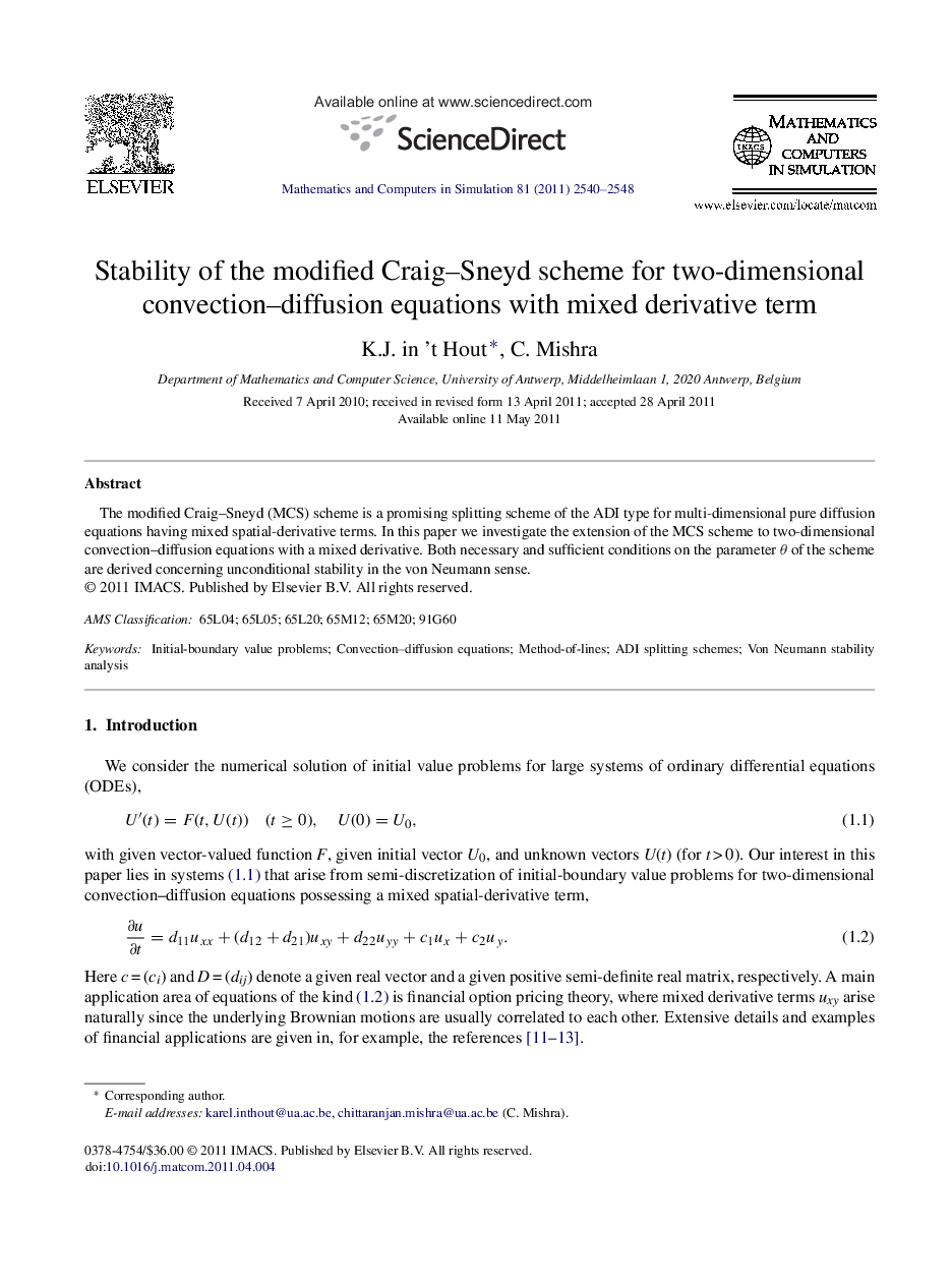 Stability of the modified Craig-Sneyd scheme for two-dimensional convection-diffusion equations with mixed derivative term