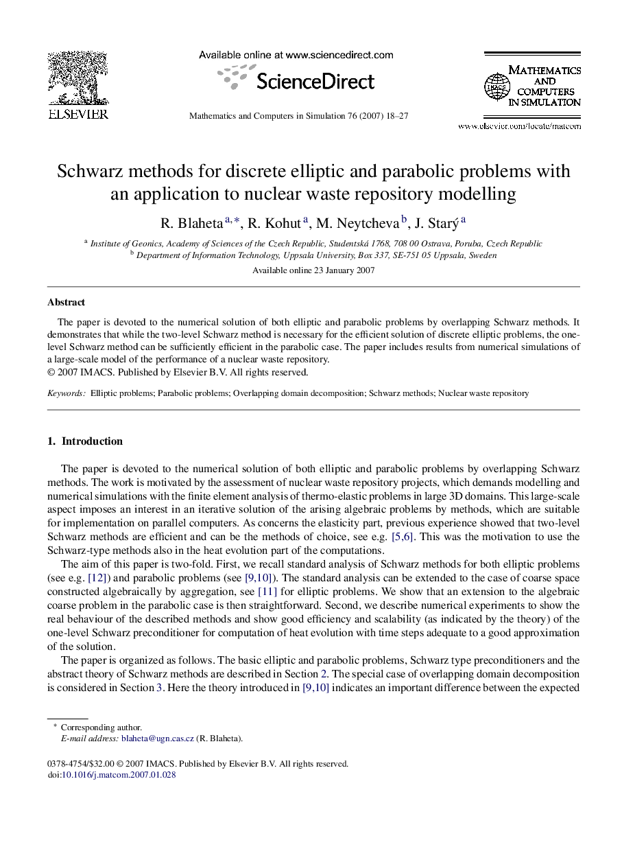 Schwarz methods for discrete elliptic and parabolic problems with an application to nuclear waste repository modelling