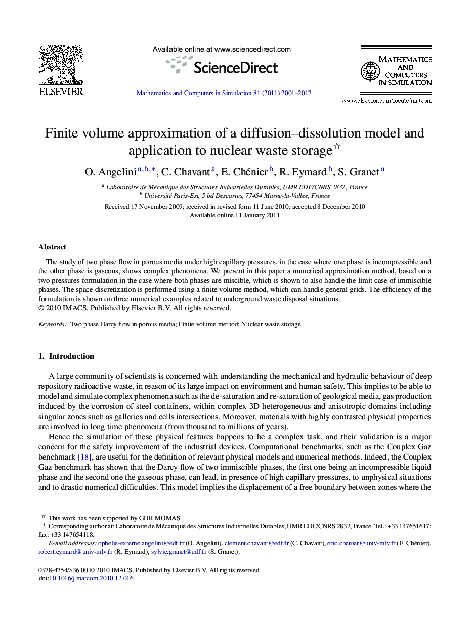 Finite volume approximation of a diffusion–dissolution model and application to nuclear waste storage 