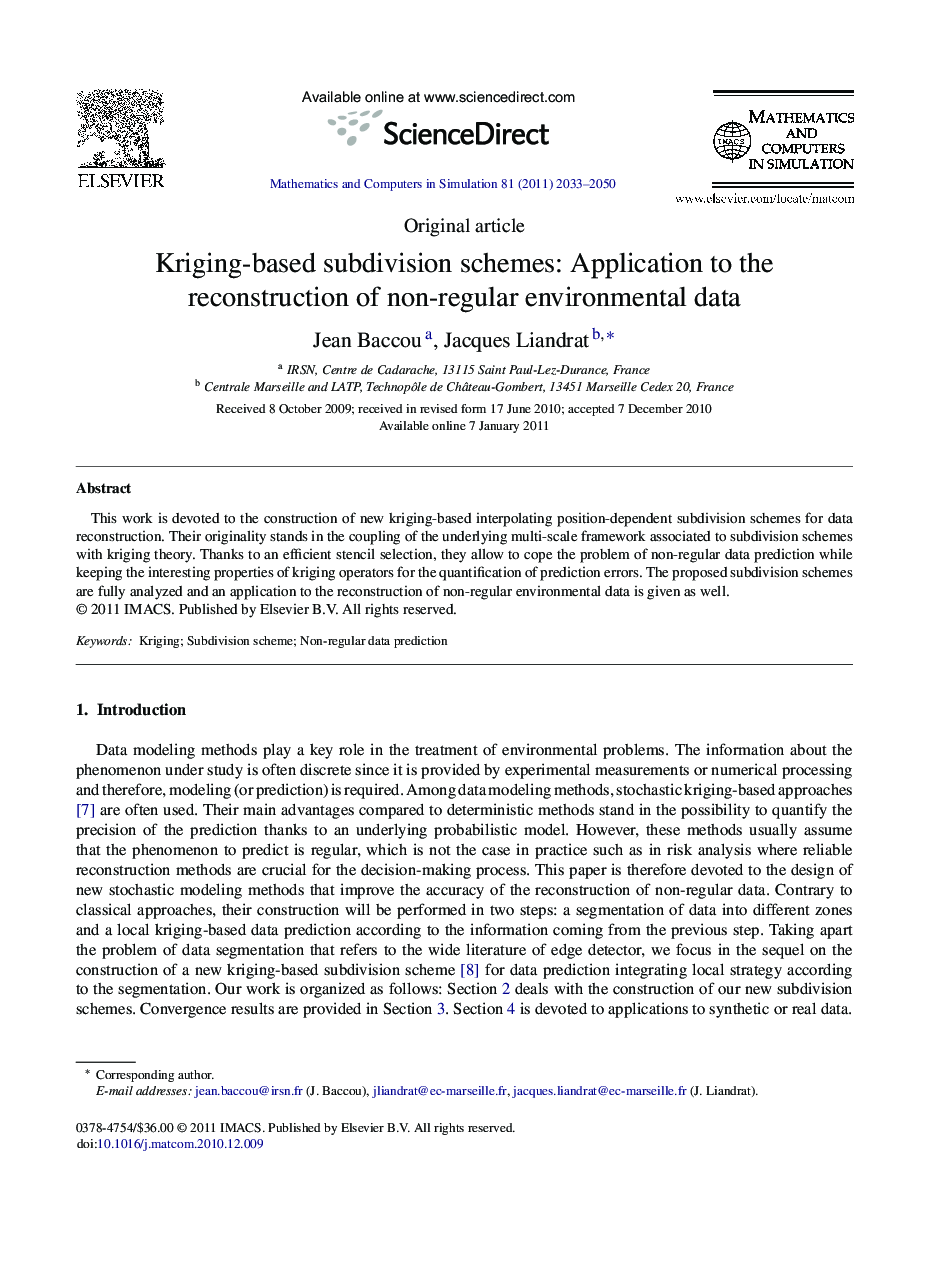Kriging-based subdivision schemes: Application to the reconstruction of non-regular environmental data