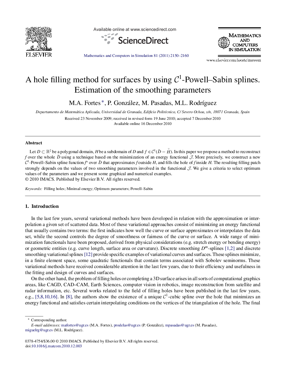 A hole filling method for surfaces by using C1-Powell–Sabin splines. Estimation of the smoothing parameters