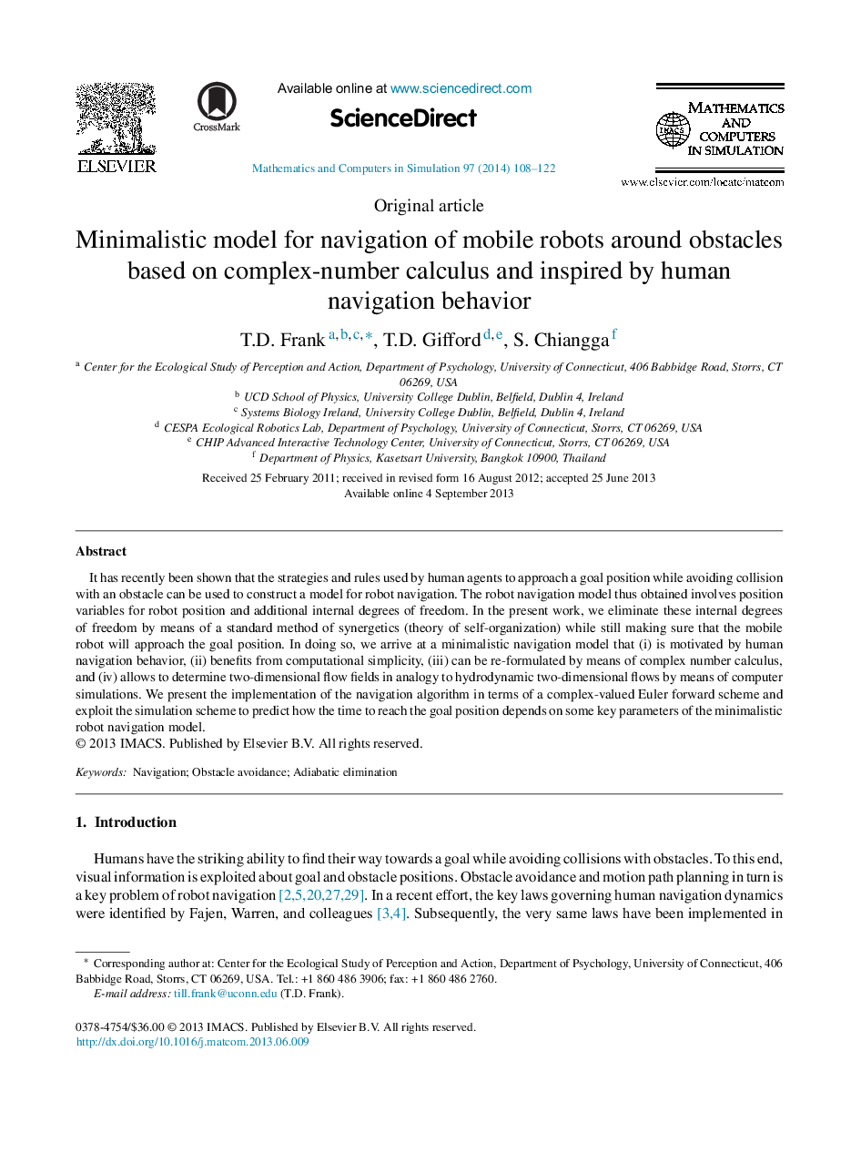 Minimalistic model for navigation of mobile robots around obstacles based on complex-number calculus and inspired by human navigation behavior