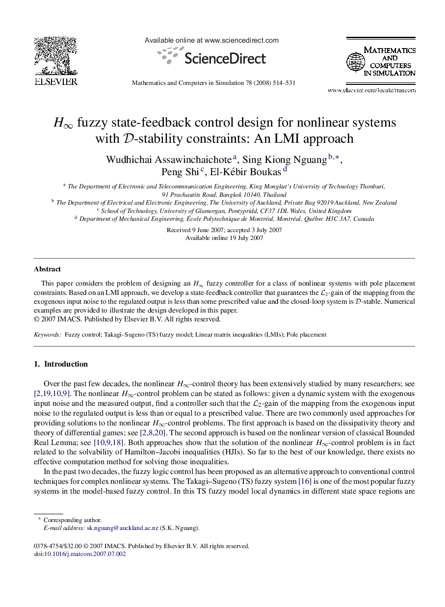 H∞H∞ fuzzy state-feedback control design for nonlinear systems with D-stability constraints: An LMI approach