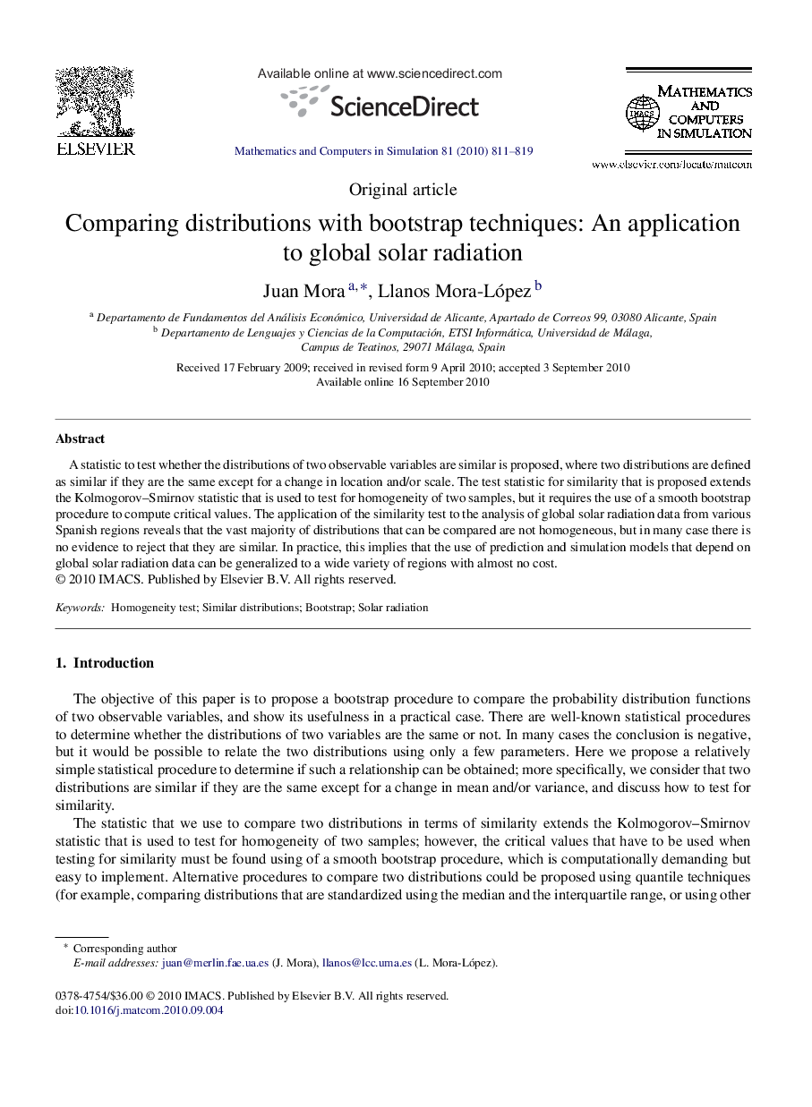 Comparing distributions with bootstrap techniques: An application to global solar radiation