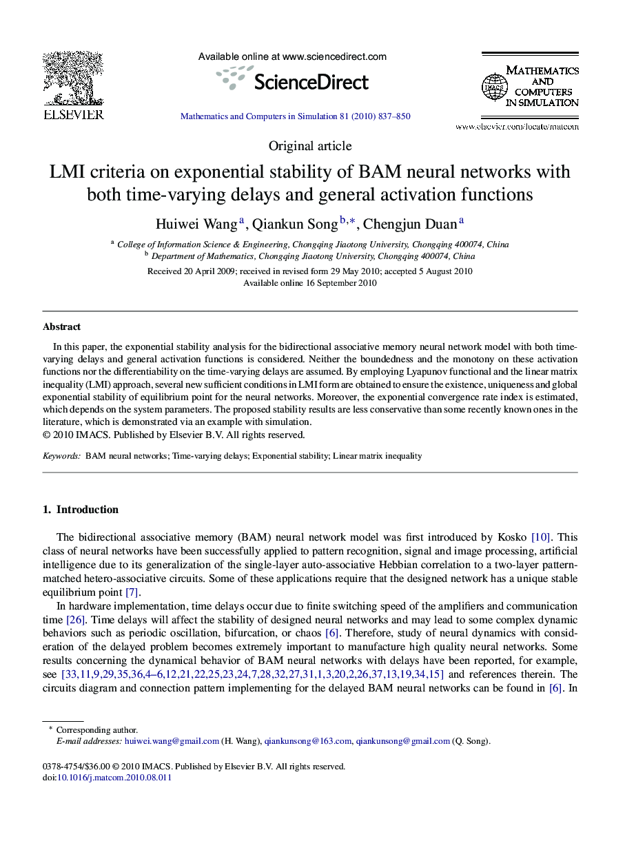 LMI criteria on exponential stability of BAM neural networks with both time-varying delays and general activation functions