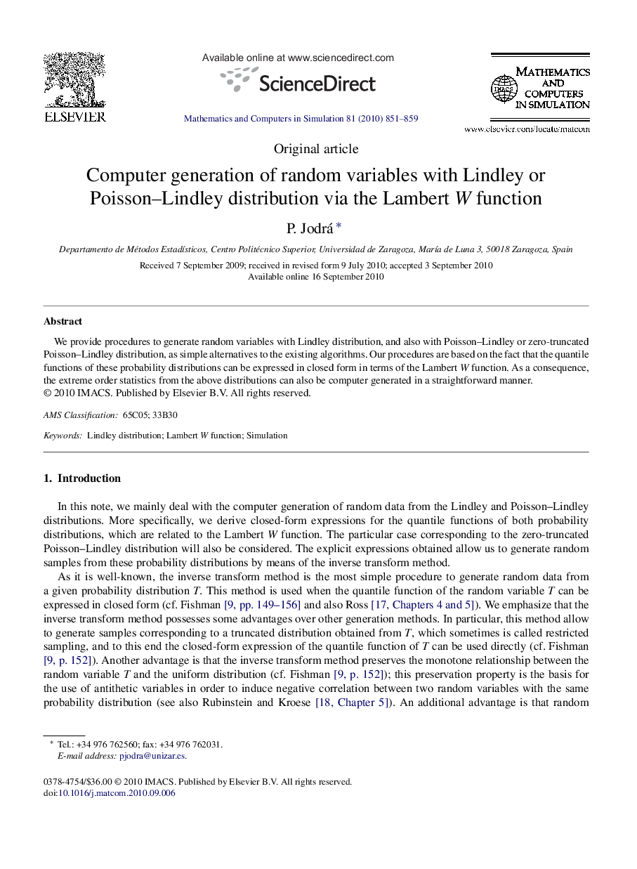 Computer generation of random variables with Lindley or Poisson–Lindley distribution via the Lambert W function