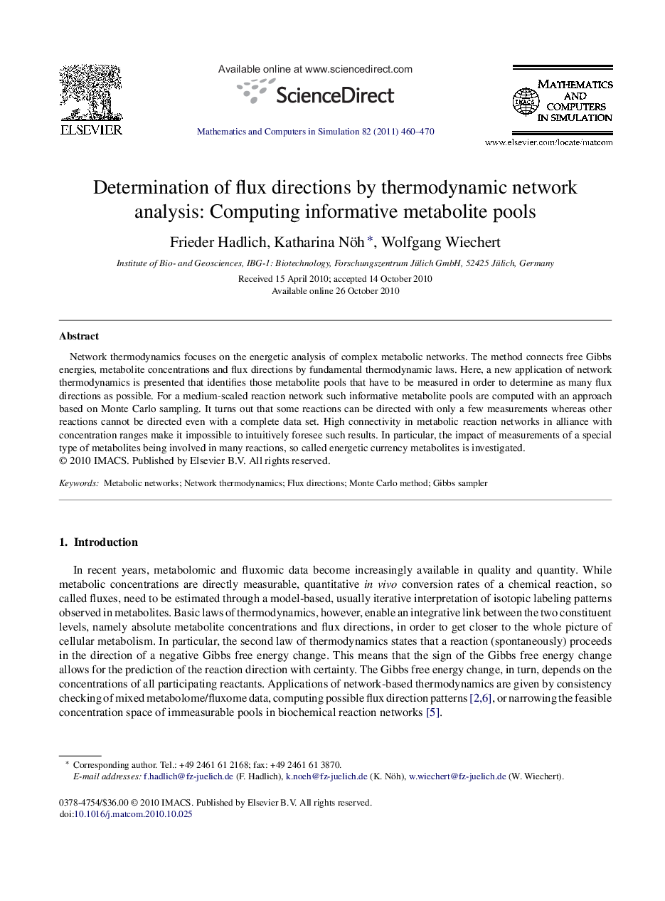 Determination of flux directions by thermodynamic network analysis: Computing informative metabolite pools