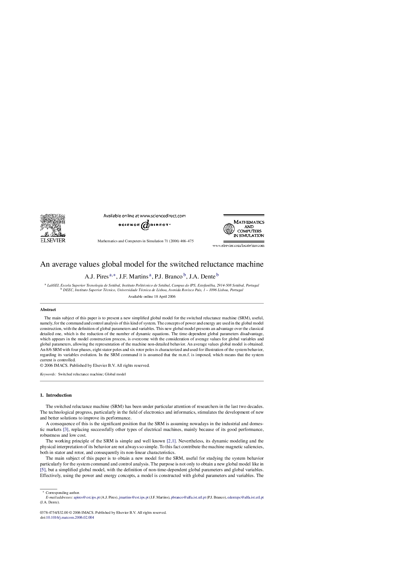 An average values global model for the switched reluctance machine