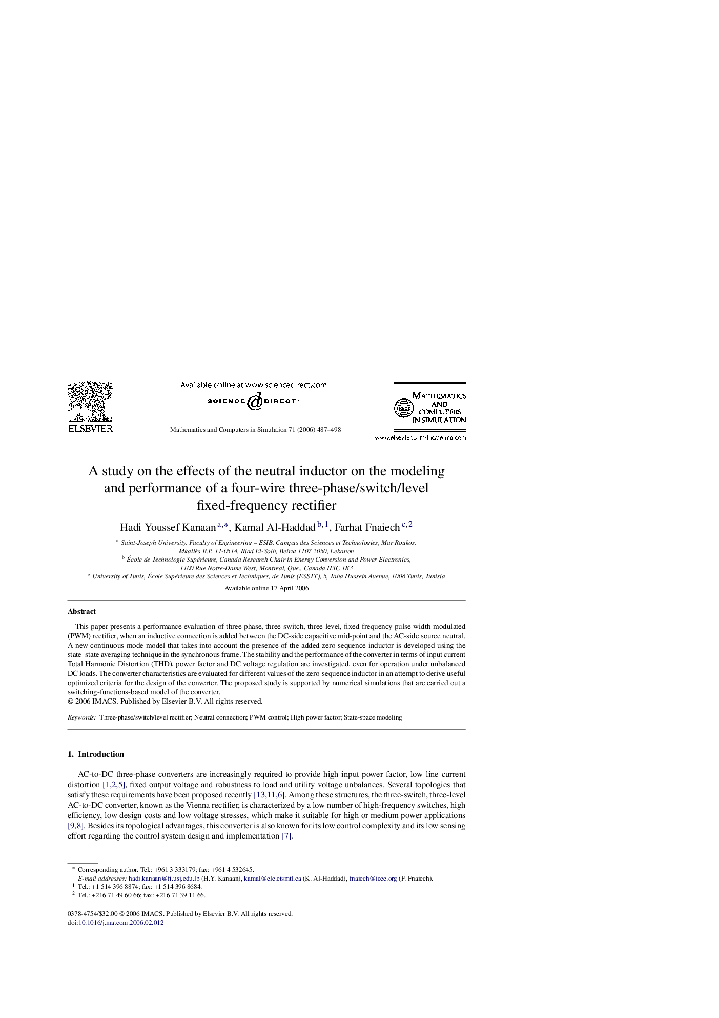 A study on the effects of the neutral inductor on the modeling and performance of a four-wire three-phase/switch/level fixed-frequency rectifier