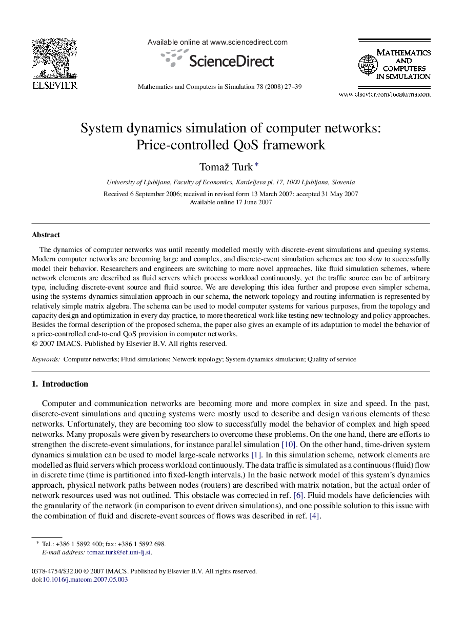 System dynamics simulation of computer networks: Price-controlled QoS framework