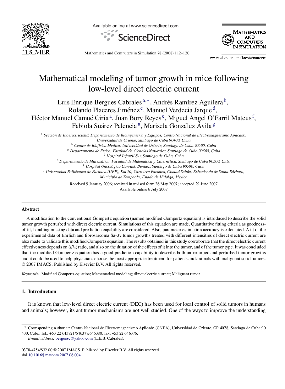 Mathematical modeling of tumor growth in mice following low-level direct electric current