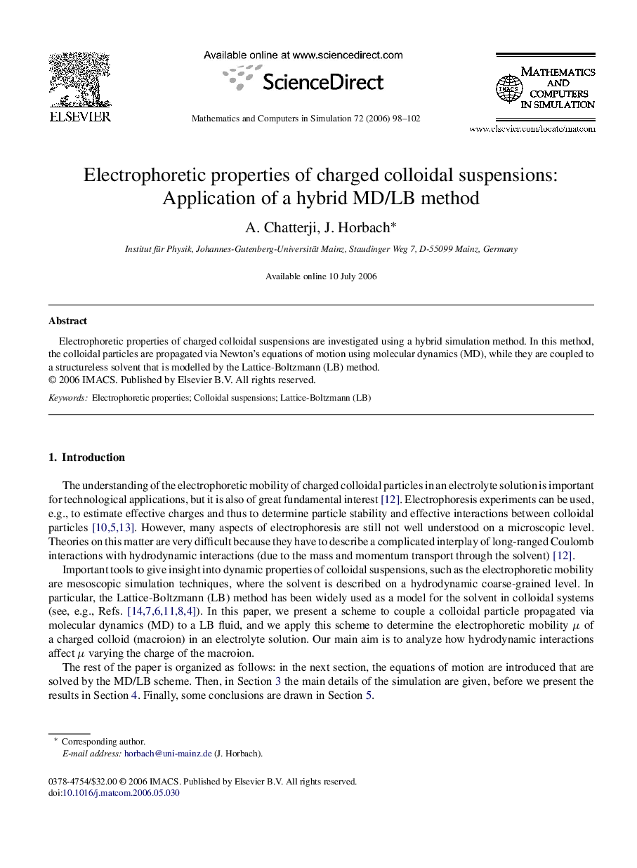 عکس صفحه اول مقاله: Electrophoretic properties of charged colloidal suspensions: Application of a hybrid MD/LB method Electrophoretic properties of charged colloidal suspensions: Application of a hybrid MD/LB method