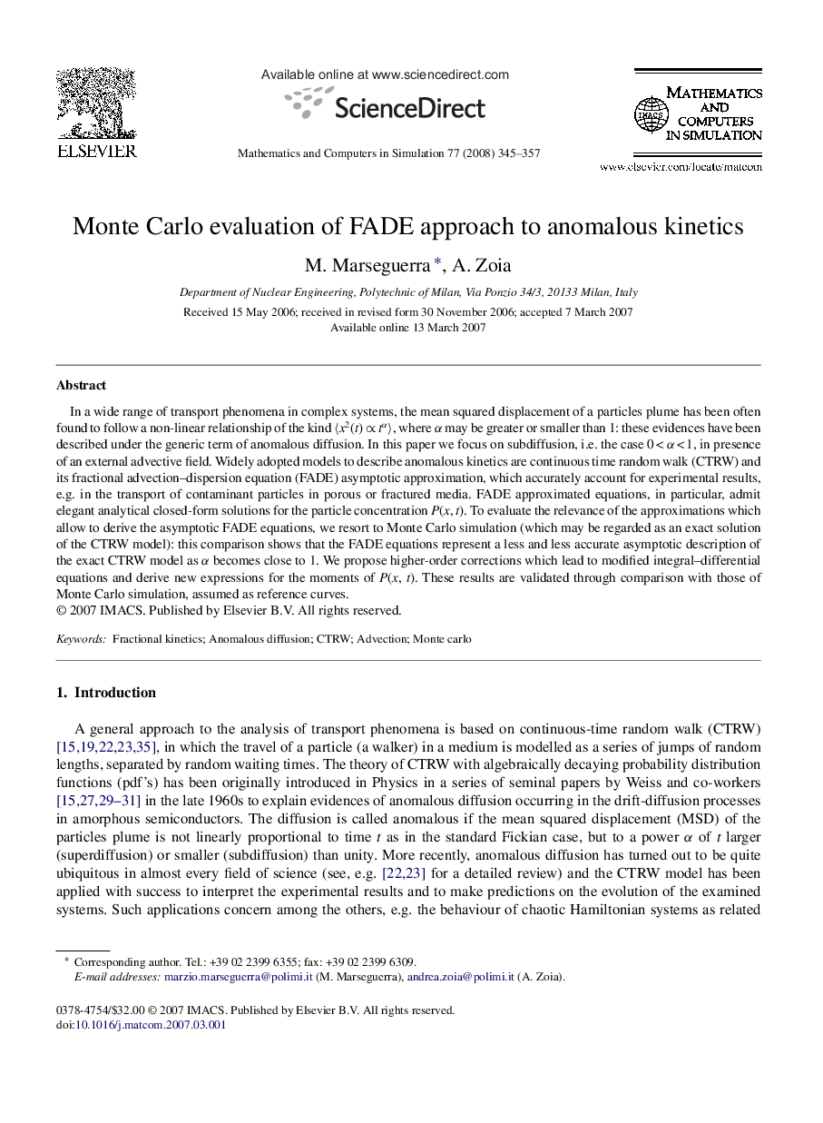 Monte Carlo evaluation of FADE approach to anomalous kinetics