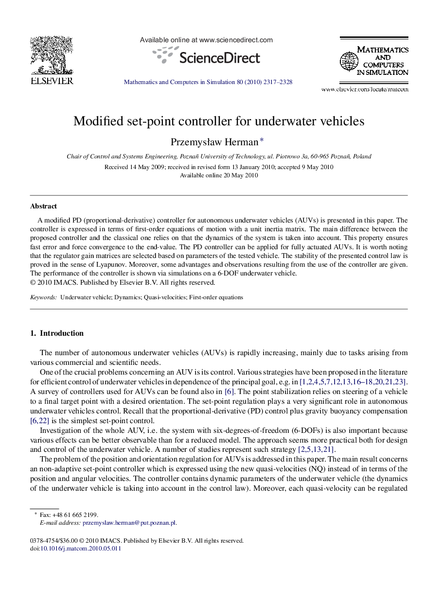 Modified set-point controller for underwater vehicles