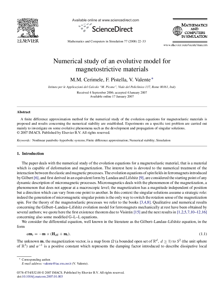 Numerical study of an evolutive model for magnetostrictive materials