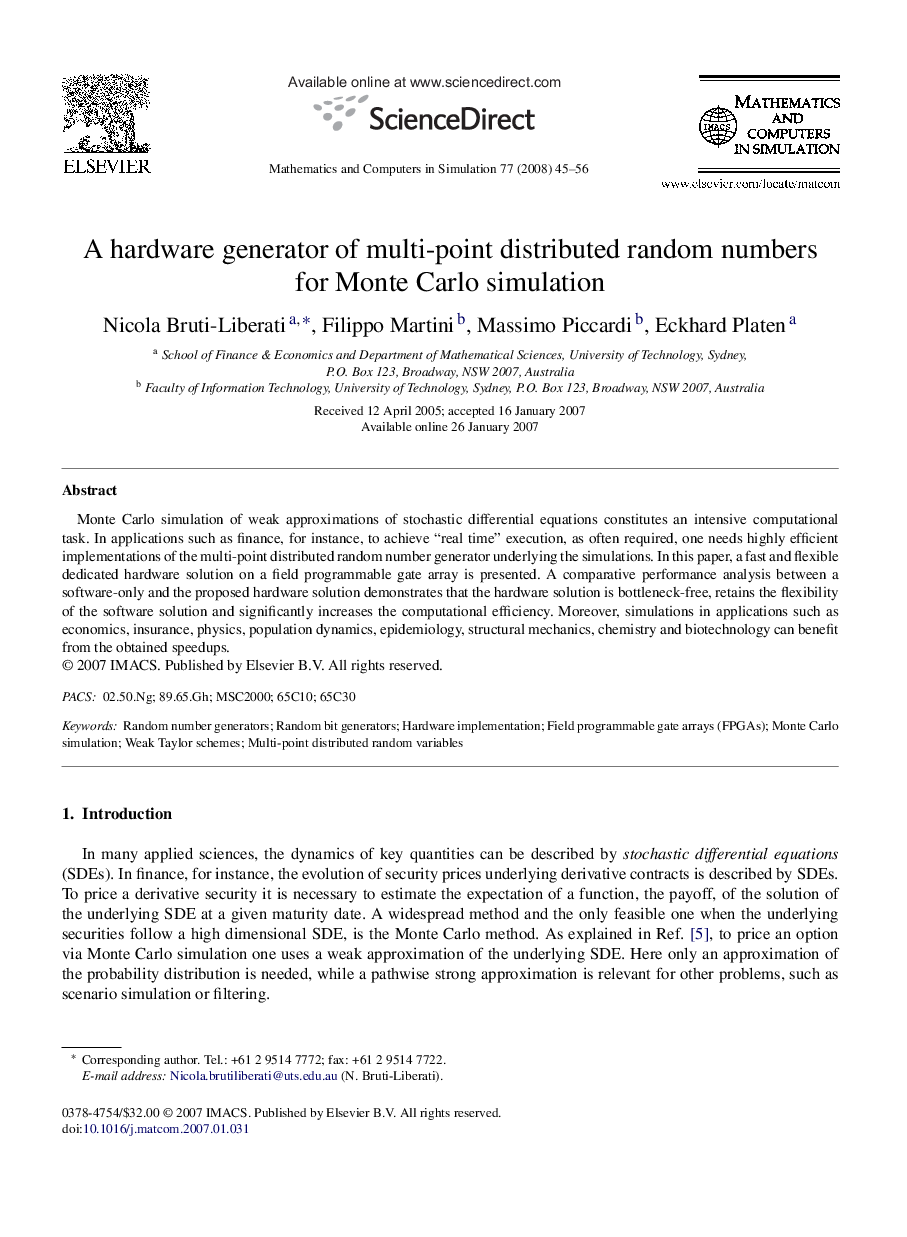 A hardware generator of multi-point distributed random numbers for Monte Carlo simulation