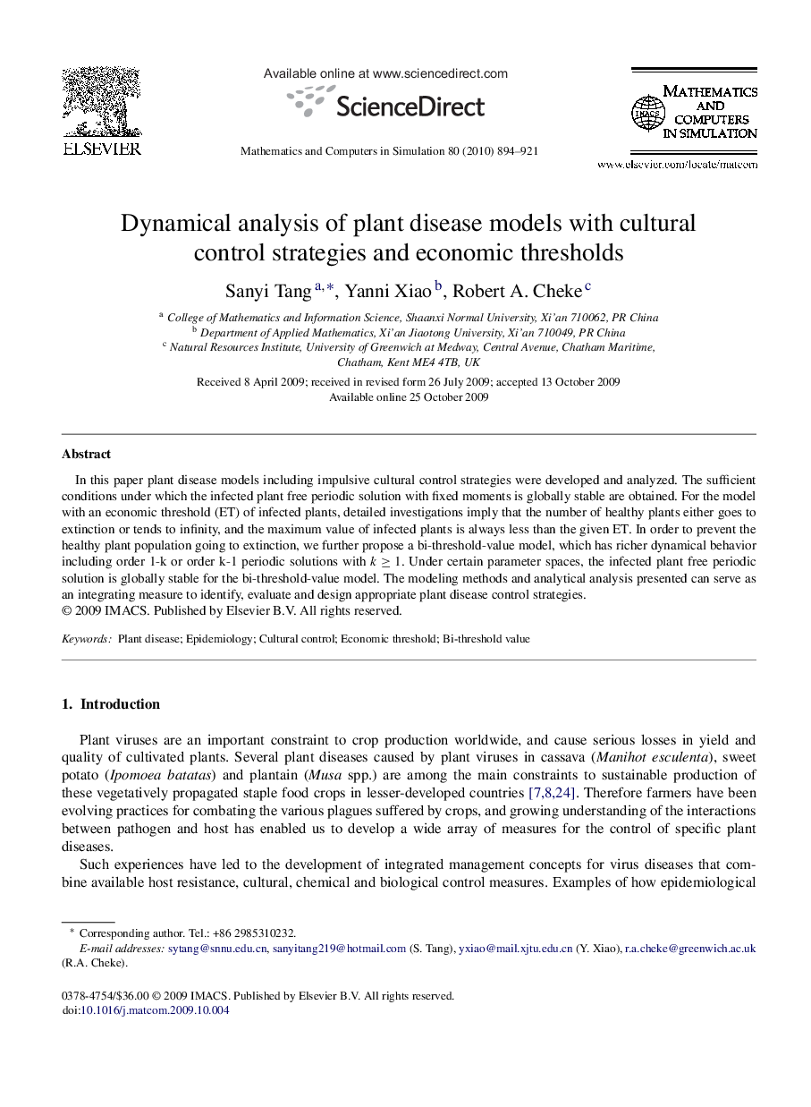 Dynamical analysis of plant disease models with cultural control strategies and economic thresholds