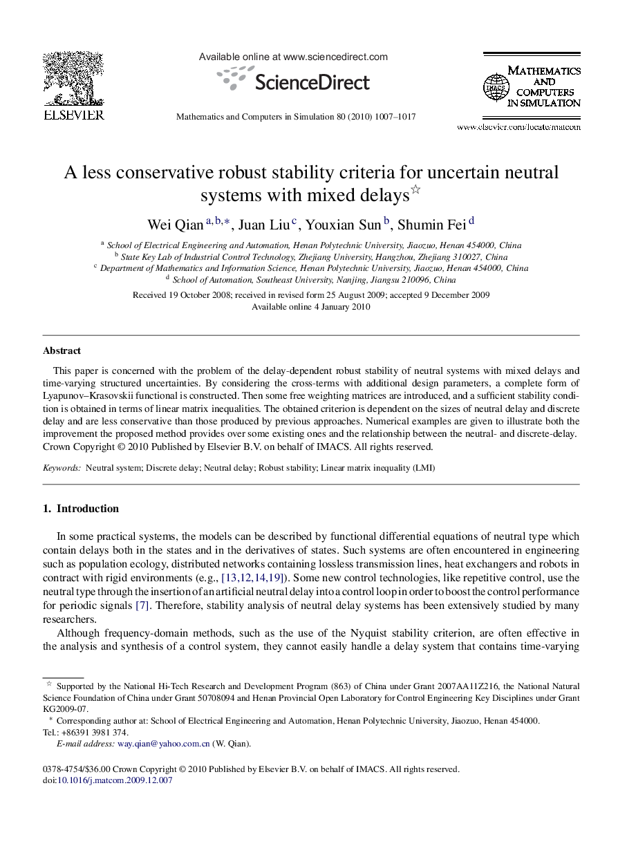 A less conservative robust stability criteria for uncertain neutral systems with mixed delays 