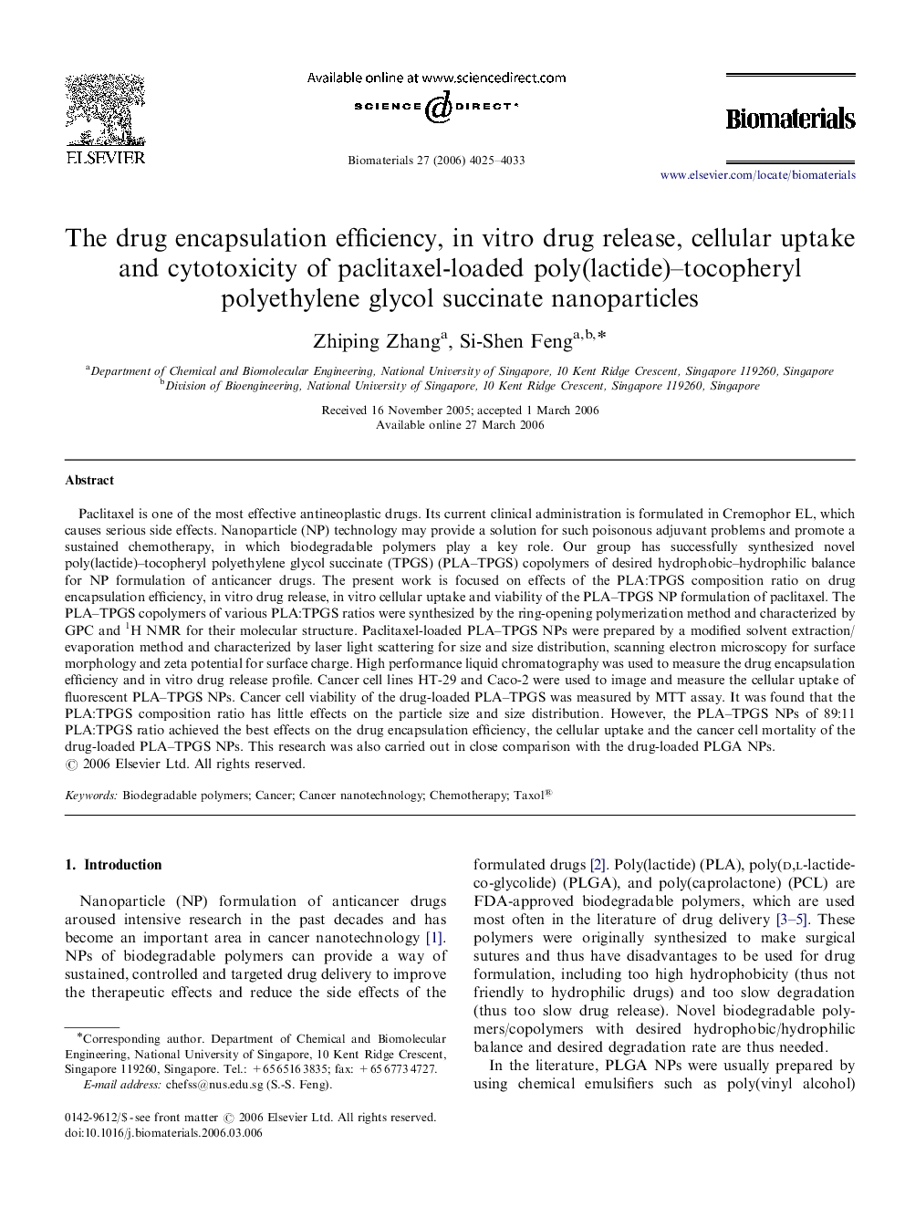 The drug encapsulation efficiency, in vitro drug release, cellular uptake and cytotoxicity of paclitaxel-loaded poly(lactide)–tocopheryl polyethylene glycol succinate nanoparticles