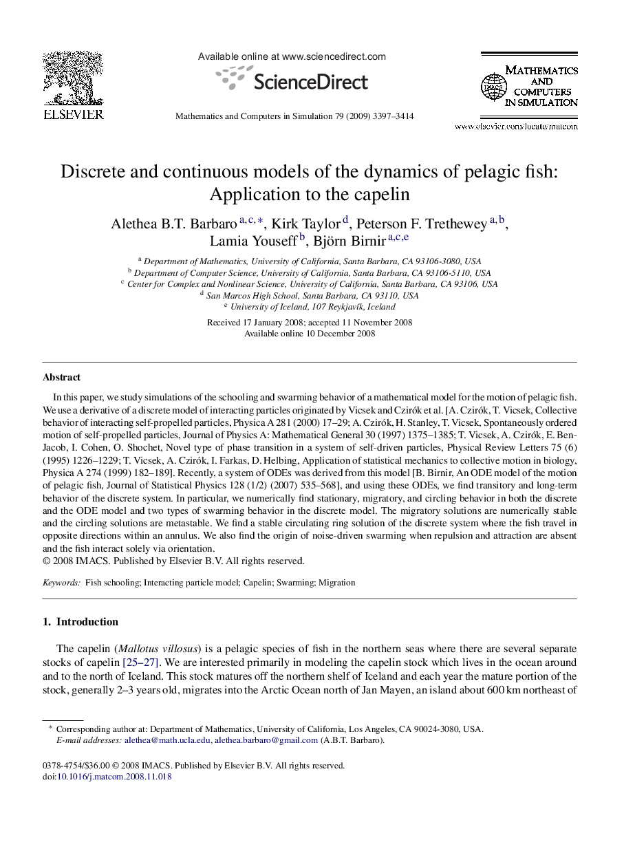 Discrete and continuous models of the dynamics of pelagic fish: Application to the capelin