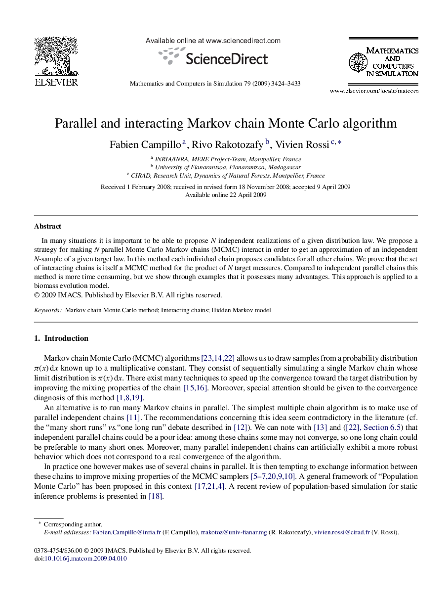 Parallel and interacting Markov chain Monte Carlo algorithm