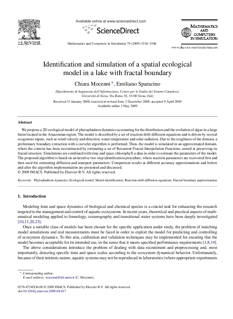 Identification and simulation of a spatial ecological model in a lake with fractal boundary